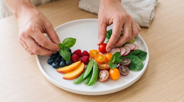 Hands arranging colorful fresh fruits and vegetables on a white plate for a healthy meal preparation