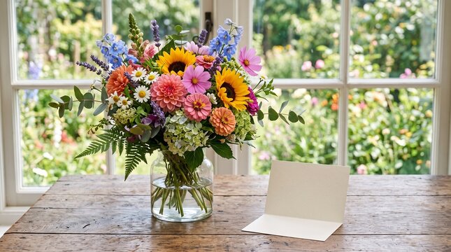 Vibrant Summer Flower Bouquet with Blank Card on Rustic Table by Garden Window