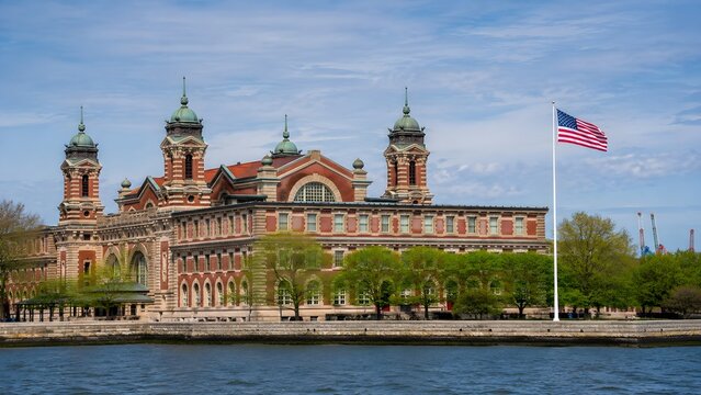 Ellis Island immigration building stands prominently with an american flag waving in the breeze