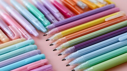 Fototapeta premium A vibrant collection of colorful gel pens arranged diagonally on a soft pink surface showcasing pastel and bright hues