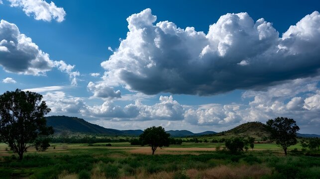 A vast open field under a dramatic sky filled with fluffy white clouds and distant rolling hills
