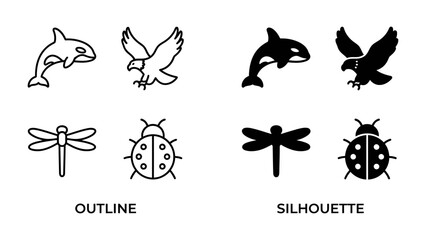 Obraz premium Animal Icon Set: A collection of animal icons including a dolphin, eagle, dragonfly, and ladybug in both outline and silhouette styles, representing nature and wildlife.