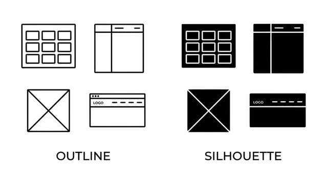 Web Layout Icon Set: A collection of outline and silhouette icons representing web page layouts and user interface elements, ideal for web design and development.