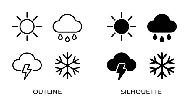 Weather Icon Set: A comprehensive collection of weather icons presented in both outline and silhouette styles, featuring symbols for sun, rain, thunderstorm, and snow.
