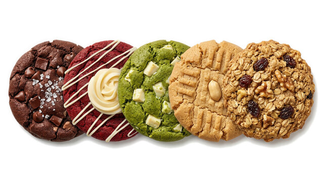 Five delicious gourmet cookies with varied textures and toppings on a plain generated using ai