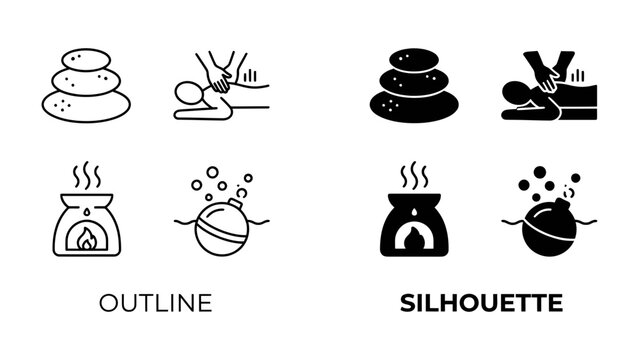 Spa and Wellness Icons: A collection of outline and silhouette icons representing spa and wellness treatments, including hot stones, massage, aromatherapy, and bath bombs.
