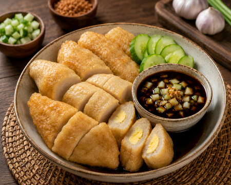 Traditional Indonesian Pempek Palembang Fish Cakes with Cuko Sauce