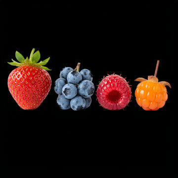 Group of fresh strawberries blueberries raspberries and cloudberries arranged in a line against black background with vibrant colors perfect for healthy eating and culinary themes.
