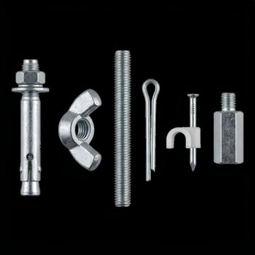 Assortment of hardware fasteners including bolt nut wing nut threaded rod cotter pin and clip against black background for construction and repair.