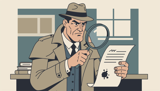 Determined detective wearing a hat and trench coat inspecting a suspicious document with a magnifying glass in a retro style art.
