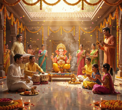 Family Celebrating Ganesha Chaturthi with Music and Offerings in