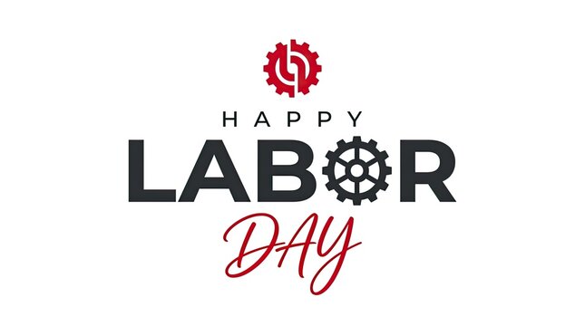 Happy labor day greeting card design featuring industrial gear icons and professional typography on white background