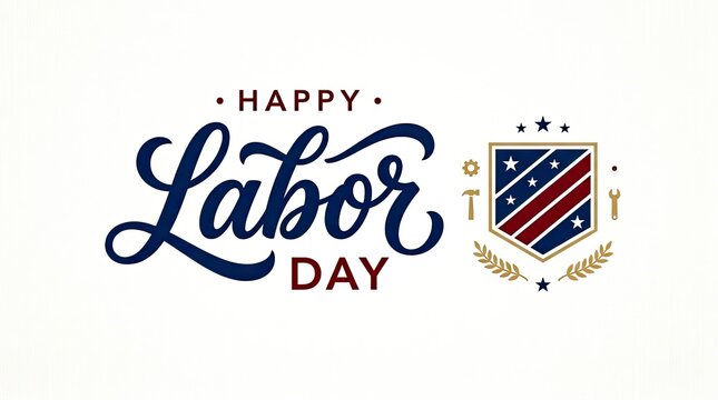 A festive happy labor day greeting card design with a patriotic shield icon on a white background