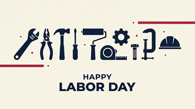 Happy labor day greeting card design featuring a collection of various construction and repair hand tools illustration