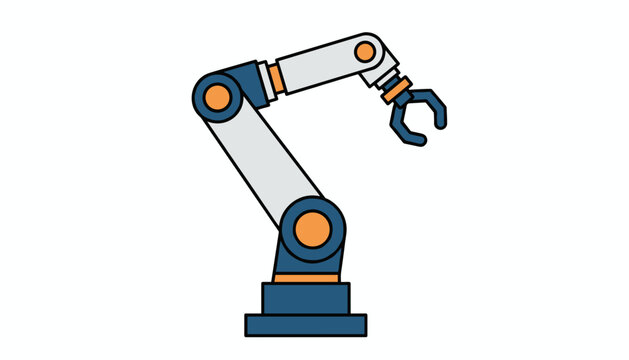 Industrial robotic arm in blue and grey, showing modern technology, automation, and manufacturing efficiency in a clean, simple graphic style.