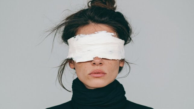 Editorial, fashion photography: a female fashion model is blindfolded by a brush stroke of white paint