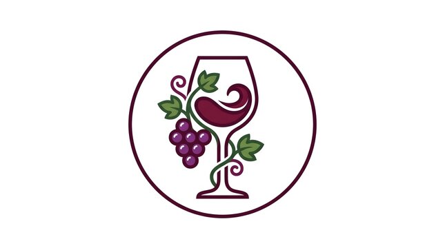 Elegant circular logo illustration featuring a wine glass filled with red wine, beautifully intertwined with grapevines, green leaves, and a cluster of purple grapes, isolated on a white background.