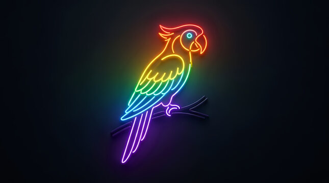 Colorful neon parrot sign perched on branch against dark textured background