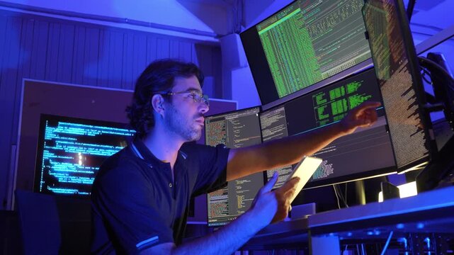Programmer monitoring multiple screens displaying code and digital data in a blue-lit control room, representing cybersecurity, software development, network monitoring, advanced business technology.