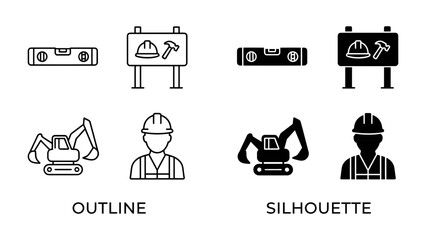 Fototapeta premium Construction Icons Set: A collection of outline and silhouette icons depicting construction tools and symbols, including a level, a safety helmet and hammer sign, an excavator.
