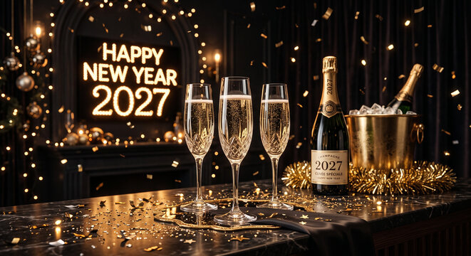 Three champagne flutes and a bottle stand on a table celebrating New Year 2027.
