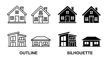 Fototapeta premium Diverse House Icons: A collection of minimalist house icons presented in both outline and silhouette styles, showcasing various architectural designs for representation of property and dwelling.