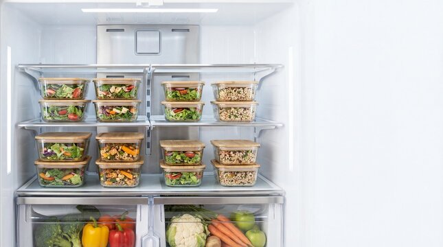 organized refrigerator filled with glass containers of healthy meal prep and fresh vegetables in crisper drawers. diet planning, nutrition and food storage concept. banner, website header.
