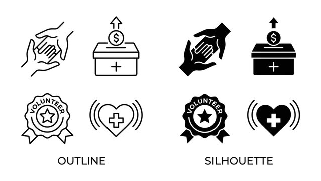 Charity and Volunteer Icons: A set of vector icons representing charity, donations, and volunteer work, presented in both outline and silhouette styles.