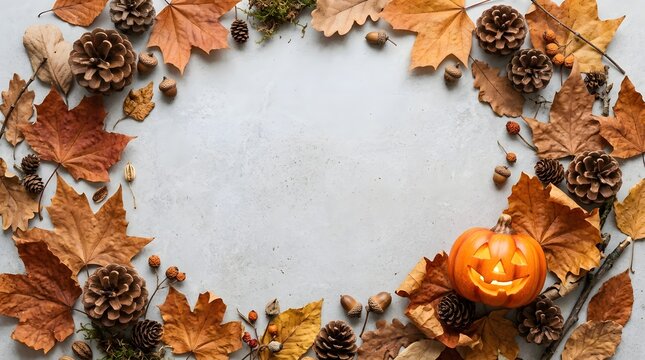 A festive autumn wreath frame made of dried maple leaves and pine cones on a light grey background surface