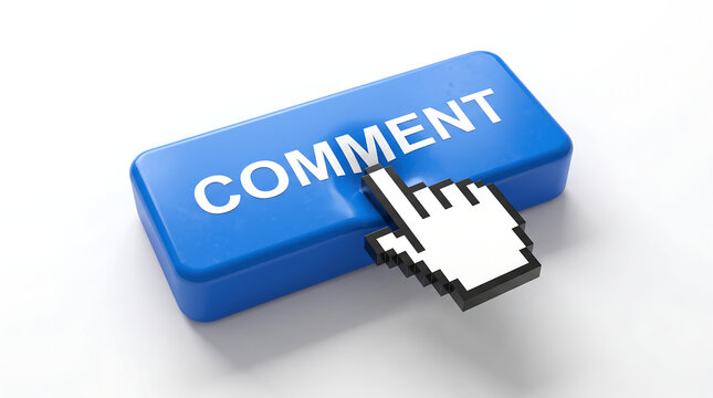 Blue 3D Comment Button with Pixelated Hand Cursor Pointer Isolated on White Background for Social Media Concept