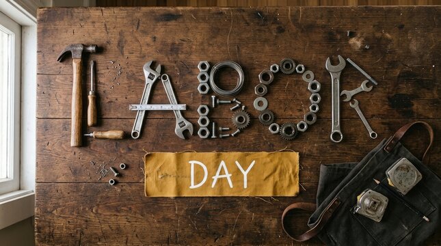 Creative labor day background featuring the word labor spelled out with various metal construction tools on brick