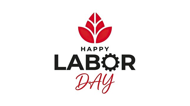 Minimalist happy labor day greeting card design featuring a stylized red wheat icon and industrial gear typography