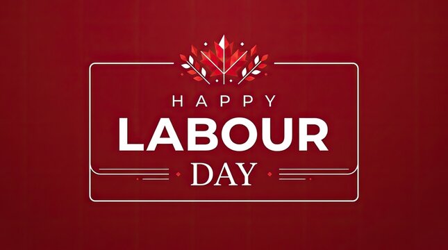 Elegant happy labour day greeting card design featuring sophisticated typography and decorative frame on a deep red background