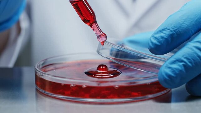 A lab worker uses a pipette to transfer a red liquid into a petri dish. The setting shows equipment and materials typical for scientific testing