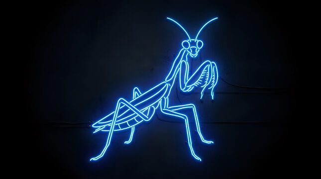 Bright neon blue glowing praying mantis insect illustration on dark background