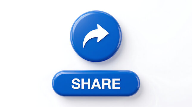 Blue 3D Share Button with White Arrow Icon and Text Isolated on White Background for Social Media Concept