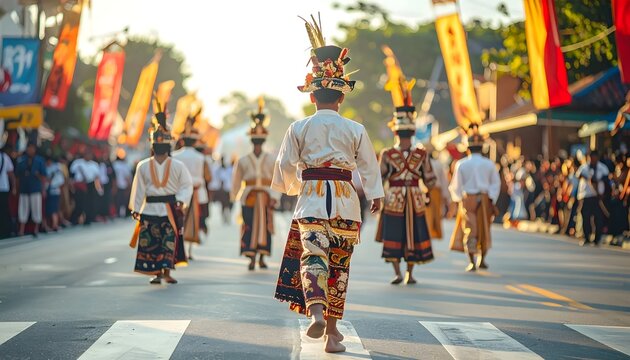 Traditional dancers in colorful cultural costumes performing during a lively street parade