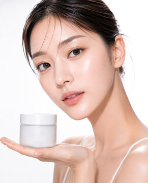 Beautiful woman with glowing skin holding a white cream jar