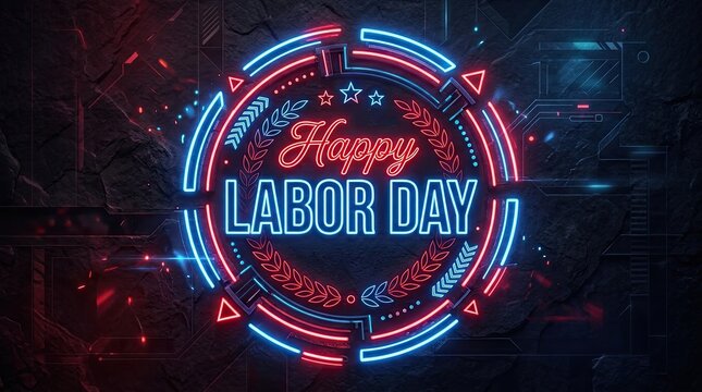 A vibrant neon sign glowing with the words happy labor day set against a dark industrial background