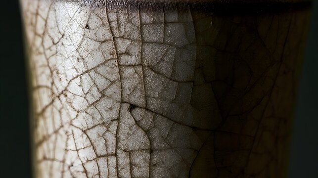 Close up of a ceramic vessel showing intricate crack patterns on its glazed surface under soft lighting