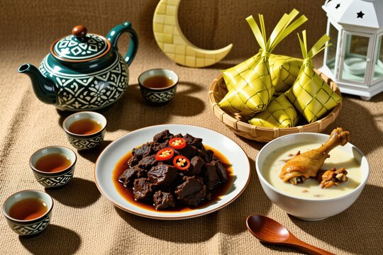 Traditional Southeast Asian feast features beef rendang opor ayam chicken and ketupat rice cakes served with tea. Moon lantern and teapot add festive holiday decor.