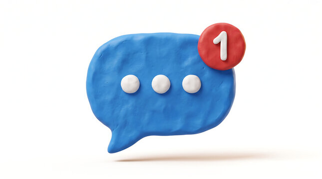Claymation Style Blue Speech Bubble Chat Icon with One Notification Badge Isolated on White Background for Social Media Concept