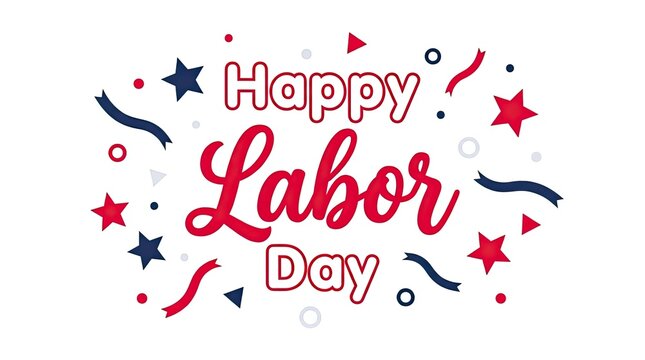 Festive happy labor day greeting card design with colorful stars and confetti on a clean white background