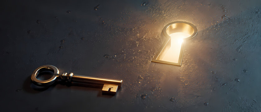  metal key resting on a dark textured surface beside a glowing keyhole, with warm light illuminating the scene and creating a dramatic concept of access, security, mystery and discovery