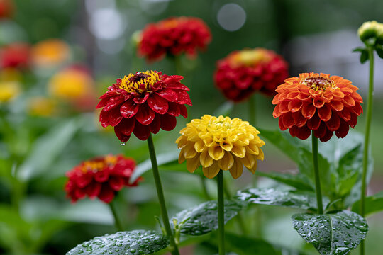 Flowers in a garden with water droplets on petals