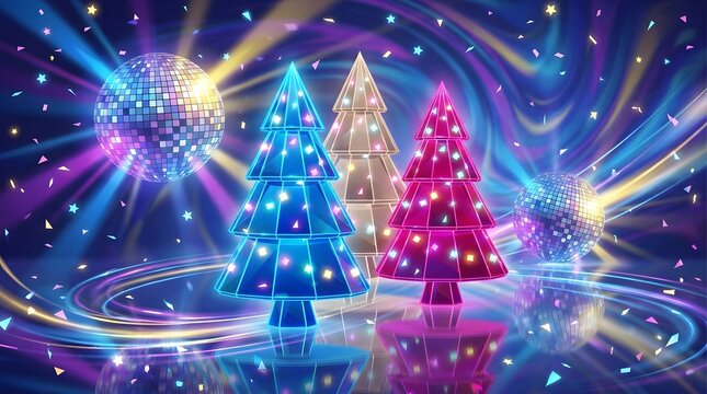 Merry Christmas  ,Three colorful glowing christmas trees standing in a magical neon disco setting with bright sparkling lights and festive atmosphere