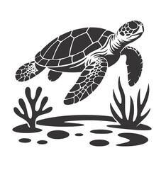 A sea turtle gliding above a sandy ocean floor scattered with pebble shadows and small seaweed plants, 