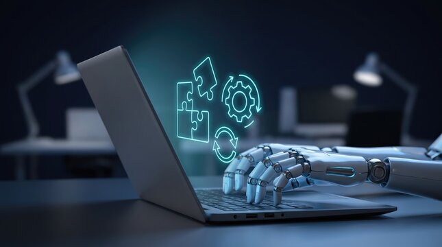 Futuristic robotic hands typing on laptop, artificial intelligence automation concept, glowing digital icons of puzzle and gears