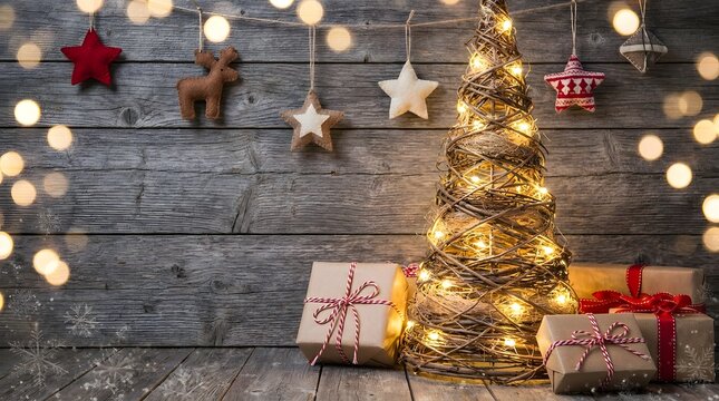 Small golden christmas tree decorated with glowing lights and wrapped gift boxes against a rustic wooden wall background, Merry Christmas 