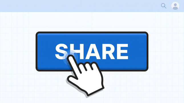 Blue Share Button with Pixel Hand Cursor Pointer Isolated on White Background for Social Media Concept